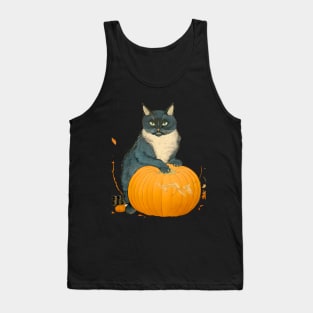 Japanese Cat on a Halloween Pumpkin During the Halloween Season on a dark (knocked out) background Tank Top